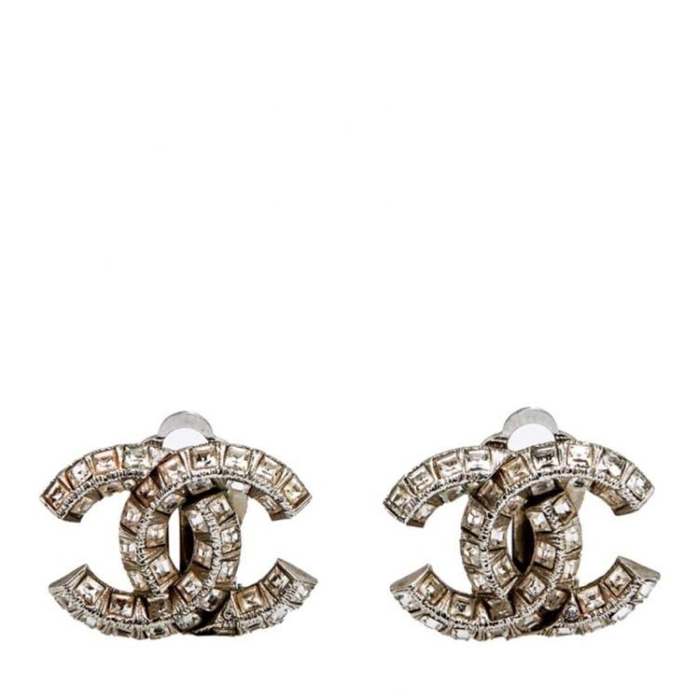 Chanel Silver Tone Crystal CC Earring